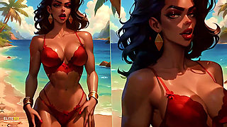 4K 100% Ai Generated 3D Soft Looping Pmv: Dark-skinned Thick Ass Gentle Twerk on Tropical Beach in Sexy Bikinis