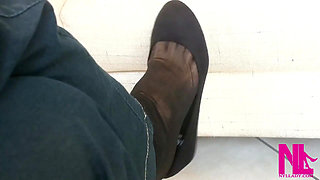 Dangling in Black Flats and Black Nylon Socks
