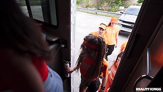 Crazy College GFs: Horny Cheerleaders Traveling Fan Fuck Fest with Brunette Emerald Loves - Threesome Orgy