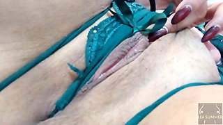 The filthy stepmother masturbates her enormous, slimy cunt after bouncing her big tits.