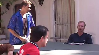 Horny black haired beauty sucks and fucks four men by the pool