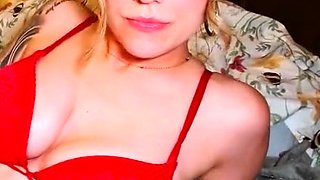 Barbie blonde takes her big boobs out to finger on cam