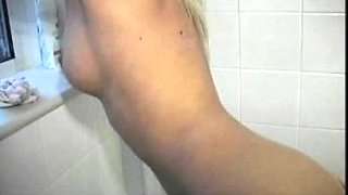 Urine fetish brunette teenie toying with both holes