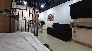 Cleaning lady comes to get my room tidy but ends up making a mess on my dick