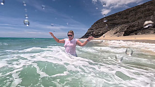 Girl Wetting Jeans in the Ocean and Swimming in Wet White T-shirt