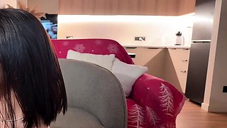 Busty curly brunette with big boobs fucks on couch