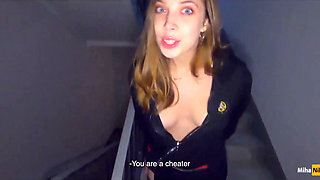 While Parents Are at Home We Fuck in the Staircase - Cum in Panties and Wear - POV