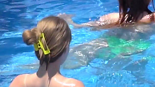 Lesbian Girls Are Having Fun in a Pool with an Inflatable Shark