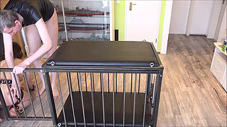 Slave fucked on steel cage and humiliated