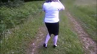 Blonde is flashing her big boobs in the outdoors