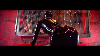 Curvy Brunette Dominatrix Commands Bound Slave in Fetish Dungeon
