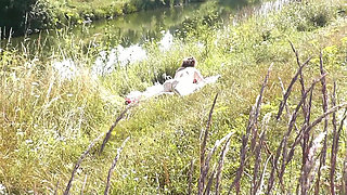 Wild beach Random guy passing by saw naked woman sexy mature Milf sunbathing on river bank Doggystyle Doggy style Butt Ass Pussy