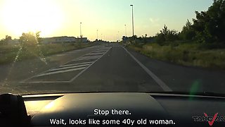 Skinny chick had a ride with him in the van and on his cock too