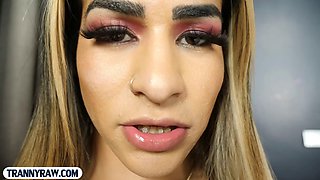 Blonde latina shemale enjoys sucking cock and anal sex