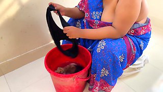 While the Desi Stepmom Washes Bra & Panties, Stepmom Took off the Stepson's Pants and Naked Him, Then Asks Him to Fuck Her - Cum