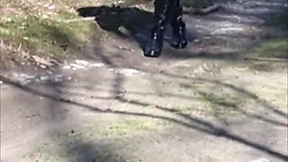 Julie Walking Through a Car Park Wearing Fur Coat, See Her Bound Tits Sticking Out
