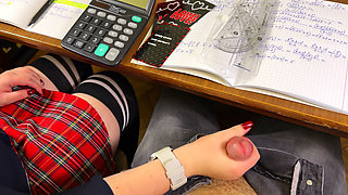 High Schoolgirl Stroking Him off in Math Class Under the Table. at College