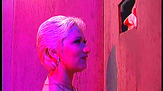 Amazing blonde slut blows a few cocks and swallows a glass of semen in the secret room