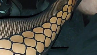 Horny Wife in Nylons Gives Handjob and Footjob to Stranger in the Car