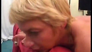 Mature blonde gets her pierced pussy licked and fucked in gangbang
