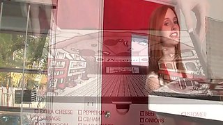 Layla is super skinny and super horny. She delivers a pizza and then gets nude on the kitchen table and masturbates.