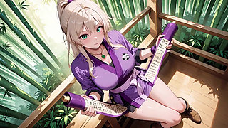 Purple Kimono Warrior! Forbidden Teasing in the Japanese Dojo. Kneeling with a sword, lifting her hem to reveal secrets.