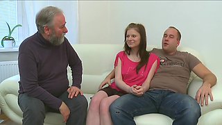 Russians Maria and her teen friend tease an old guy with their shaven nooks