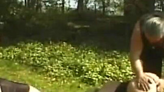 Big natural boobs humiliating dildo penetrated in hanging out, outside whipping threesome