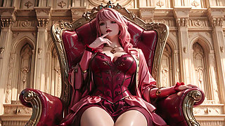 The Pink Queen's Coronation! Deep red silk, golden goblet, and a lazy gaze from the throne. Pure fantasy.