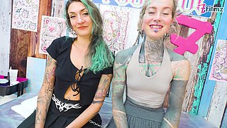Inked Sluts Double Blowjob Then Anal Fuck Tattoo Session Ends with Cum Glazing New Leg Ink