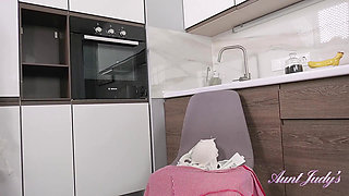 Auntjudys - Mature Hairy MILF Lada Serves up Her Hairy Pussy in the Kitchen