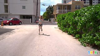 Hot redhead undresses in public and deserves hefty cock indoors