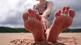 Worship My Feet on Public Beach and Get My Permission to Cum