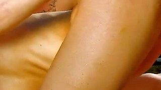 Horny blonde skinny MILF Evy fucked in the ass by strange guys on the beach
