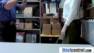 Thin Red-haired Arched Over the Security Desk After Getting Blasted Shoplifting