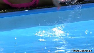 Step-dad applies sunscreen and cock to stepson's girlfriend