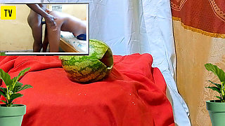 Teen Fucking watermelon while watching porn movie of Dicksex and Givensex fucking together till I got CUM, so wet and hot pussy!