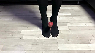 Sexy Dominatrix in Nylon Pantyhose Is Trampling Your Cock