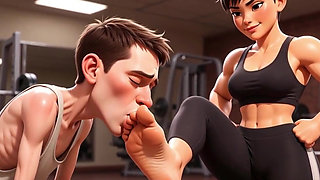 Strong Muscular Woman Makes Skinny Slave Lick Her Feet