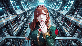 Inside the Sci-Fi Train, she wears a tight green armor, touching her red lips while gazing at the galaxy through the porthole.