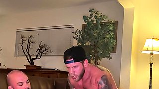 Bi guys fuck hairy girl until they both cum