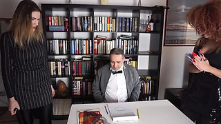 Hot Threesome Library Tease with Exposed Cock and Ass