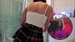 No Panties No Bra Hottest Redhead Real College Girl in the Bathroom Flashes Tight Pussy and Ass