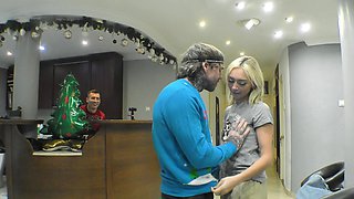 Blondie sucks Dean's cock in HD while her tiny titties bounce