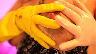 The Stepsister Shows Both of Her Gloves Because She Has a Glove Fetish. One Glove Is a Yellow Dishwashing Glove. the Other