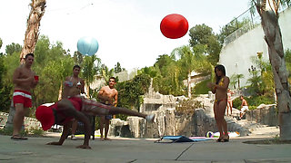 Busty Asian girl gets long black cock fuck after playing by the pool