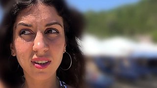 Walking with hot cum on my face on a public beach full of