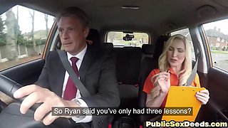 Sexy blonde slut doggfucked in car