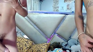 Shemale Bends Over and Sucks Cock in Threesome