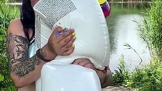 Lewd brunette ashley storm jerks big cock outdoor